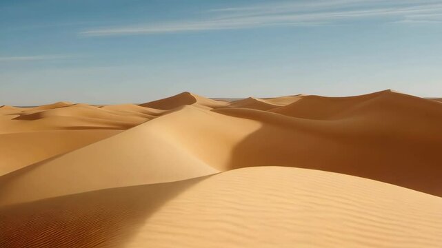 Vast, undulating sand dunes stretch under a clear blue sky in a breathtaking desert landscape.