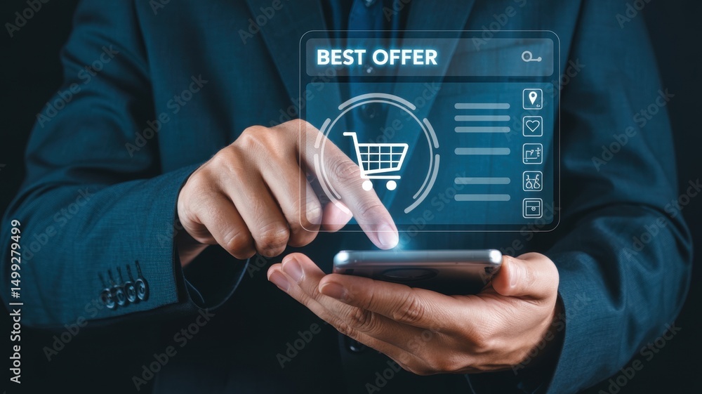 Poster a person interacts with a mobile device displaying a best offer shopping interface.