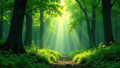Fototapeta premium A lush green forest scene, sunlight dappling through the canopy , foliage, fresh