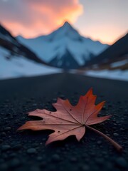Autumn leaves on a mountain with colorful trees, a calm lake, and a vibrant sky during sunrise or sunset