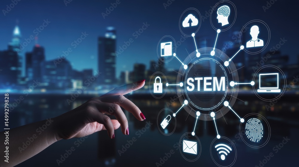 Poster hand interacting with a futuristic interface showcasing stem concepts.