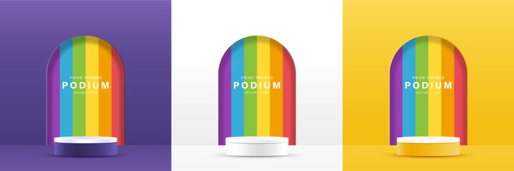 Pride month podium background with rainbow color decoration vector design  for product display, set of 3