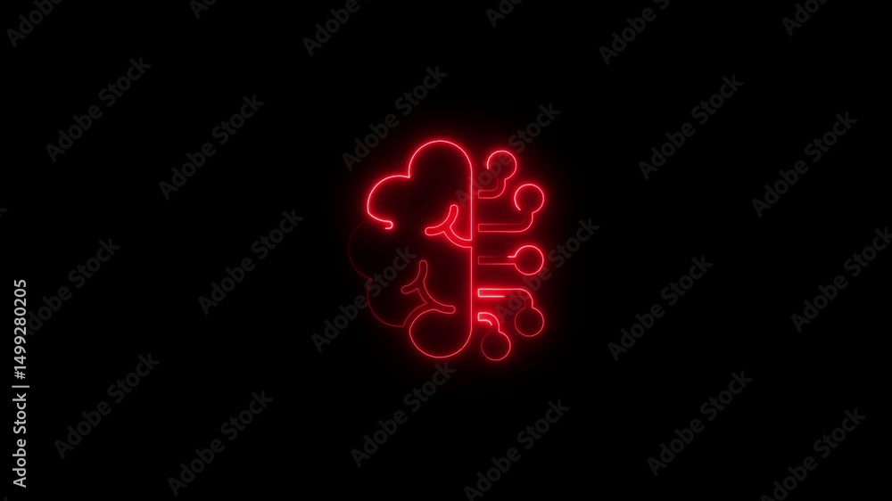 Poster animated neon brain with circuitry design concept in glowing red on black background