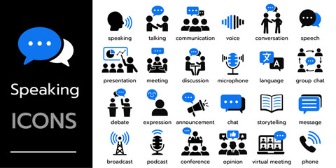 Speaking icon set. Communication icons collection. speech bubble, talking, podcast, presentation and conversation icon vector illustration.