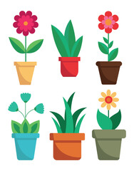 Colorful potted plants and flowers flat vector set