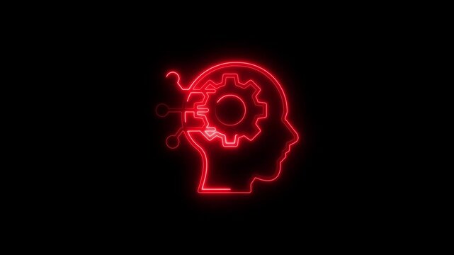 Glowing red neon brain icon with gear representing artificial intelligence