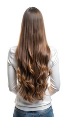 Naklejka premium Una mujer con melena de cabello casta?o de espaldas sobre fondo blanco