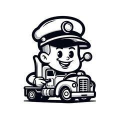 Cartoon Truck Driver Logo With Hat and Steering Wheel, Thick Outlines