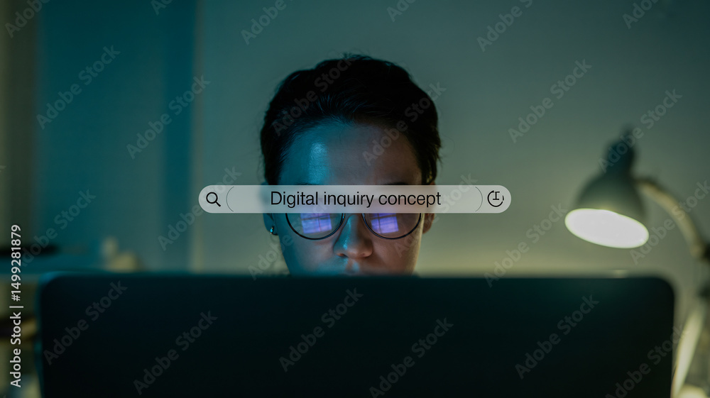 Aufkleber user interacting with a search interface in a dimly lit environment digital inquiry concept