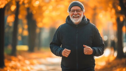 Jogging Fitness Senior Man Healthy Sport Workout At Sunset