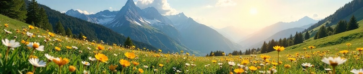 Serene meadow nestled in a majestic mountain range, wildflowers blooming under a vibrant sky  Sunlight bathes the landscape, creating a picturesque scene of natural beauty ,  flowers,  green,  peak