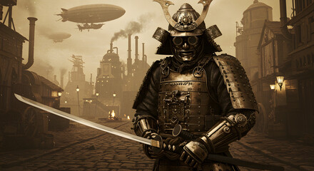 Steampunk Samurai Warrior Holding Katana Sword in Industrial City Illustration