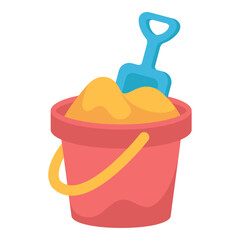 Flat vector illustration of a red sand bucket with yellow sand and blue shovel. Summer beach toy isolated on white background for kids-themed designs, posters, or educational materials