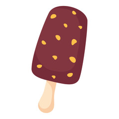 Flat vector chocolate ice cream bar with nuts isolated on white background. Cartoon summer dessert design for packaging, menu, poster, or web
