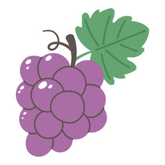 Purple grape cluster with green leaf in flat vector style. Minimalistic fruit design for interior, poster, banner, sticker, or packaging