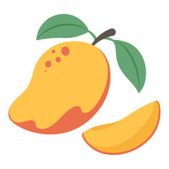 Illustration of mango with slice on white background. Tropical fruit with green leaves. Cute cartoon style hand drawing