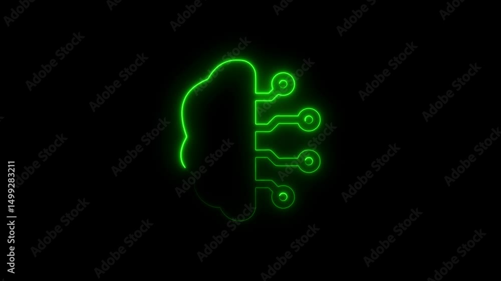 Poster abstract neon green brain with circuitry illustrating artificial intelligence and technology