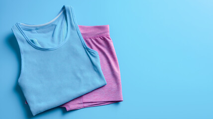 Flat lay of pastel athletic tank top and shorts on blue background, ideal for fitness content, online store displays and wellness branding visuals