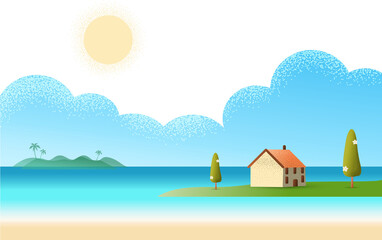 Beach sea with villa beautiful horizontal hotel seaside concept  Summer offers texture style illustration.