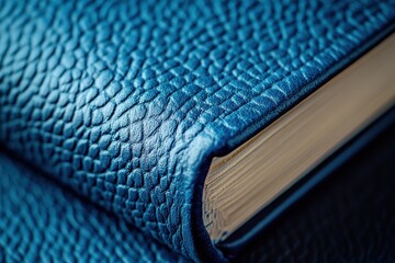 Textured blue leather book cover close up reveals fine details of the binding craftsmanship with elegant pages ready to