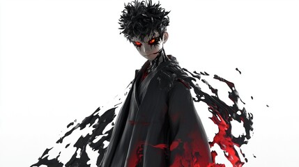 A stylized anime-esque figure, dark-haired with glowing red eyes, stands in a long black coat, seemingly made of or emanating dark, flowing, red-tinged liquid