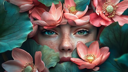 Woman’s face framed gently with lotus blossoms soft light for enchanted beauty purity serene elegance in floral portrait concept.