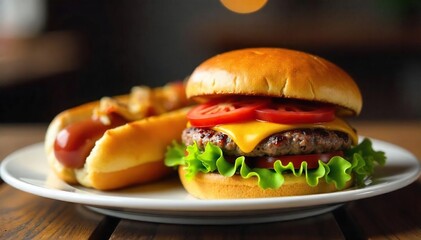 A juicy beef burger sits beside a perfectly grilled hot dog, both on toasted buns with all the fixings Ready to eat, classic American fare Delicious fast food , grilled, partyfood, fixings