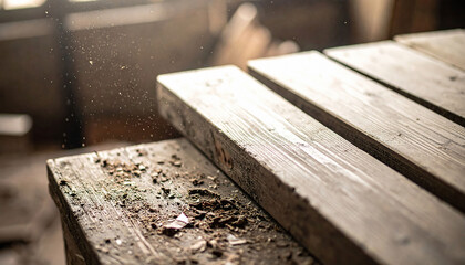 Rustic planks in workshop, dust motes in light. Woodworking process, craftsmanship. Perfect for DIY, construction, texture backgrounds.