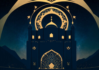  Artistic depiction of a grand Islamic mosque with intricate golden minarets and domes illuminated against a night sky creating a serene spiritual atmosphere