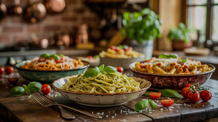 Variety of pasta dishes with cream pesto or cheese