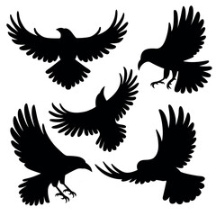 Black crow silhouette set flying birds in various poses 