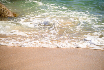 sandy beach shoreline calm ocean turquoise water waves natural background, summer concept