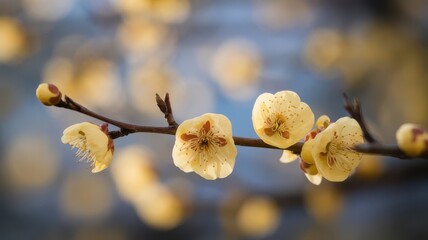 Delicate blossoming plum branch with yellow petals and soft background light