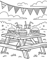 Black and white picnic scene featuring burgers hotdogs drinks and festive bunting with clouds and grassy areas perfect for coloring pages.