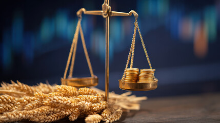 Golden scale balancing coins and wheat on white surface, symbolizing economic stability versus inflation, financial crisis and money value concept.