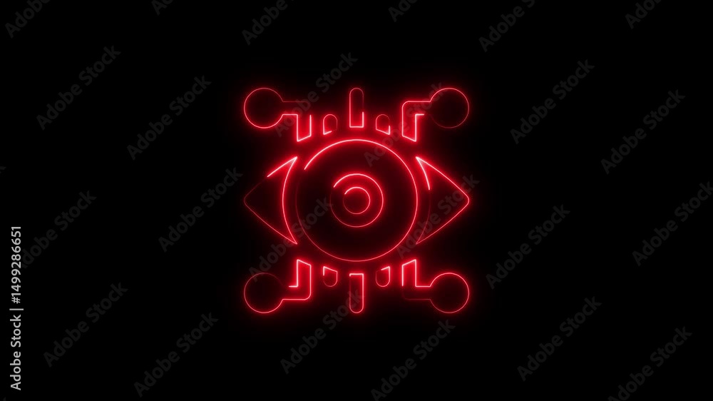 Poster illuminated red neon eye symbol centered on black background with animation