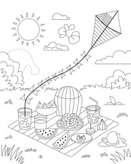 A cheerful outline illustration of a picnic scene with a kite flying on a sunny summer day perfect for coloring.
