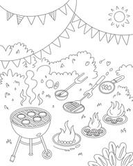 A black and white summer barbecue scene depicting grill food cooking tools and festive outdoor decoration