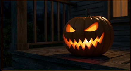 Obraz premium Pumpkin with scary carved face on doorstep at night