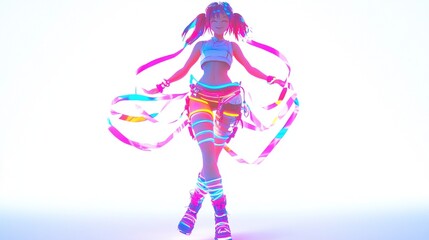 A vibrant, stylized female figure with flowing ribbons, neon accents, and a dynamic pose against a bright, minimalist backdrop.  Her attire is colorful and futuristic
