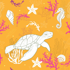 Fototapeta premium Seamless vector pattern featuring marine elements on a orange background. White and pink -colored sea creatures and objects, seahorses, shells, and corals, turtle. Perfect for textiles, wallpapers