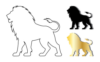 Lion icon set. lion silhouette. lion line art. lion gold icon logo.