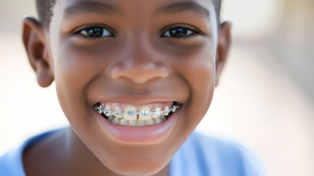 Close-up of a happy smile of a little black boy with healthy white teeth with metal braces on the upper and lower jaw. Pediatric dentistry concept