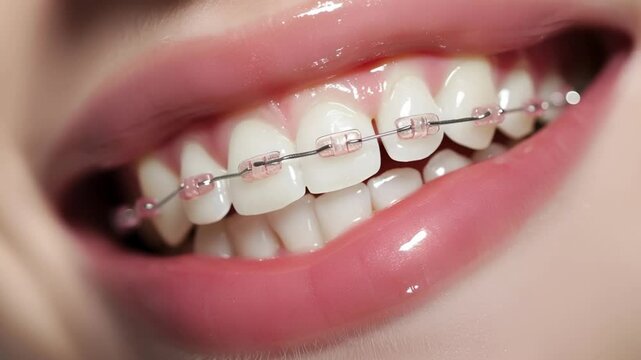 Close-up of a happy smile of a young woman with healthy white teeth with metal  pinck braces  Dentistry concept