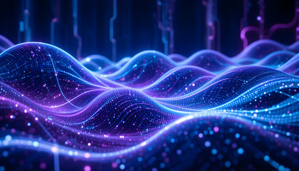Obraz premium Futuristic digital waves, electric blue and purple, glowing circuits, motion blur effect, 8K