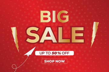 Big Sale Shopping Poster or banner with Flash icon and text on RED background. Grand Sales 50% Off template design for social media and website. Special Offer Flash Sale campaign or promotion.