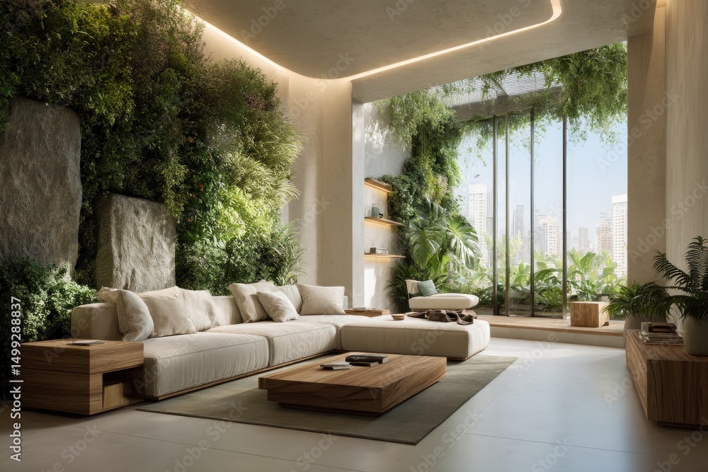 Aufkleber spacious living room features an array of plants and natural light, creating a serene and inviting a
