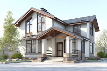 A stylish two-story house features expansive windows and a well-designed entrance in a peaceful neighborhood under a blue sky