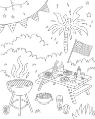 Hand drawn illustration of a festive 4th of july celebration with a picnic table barbecue and fireworks.