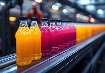 Vibrant Orange and Pink Drinks on Conveyor Belt